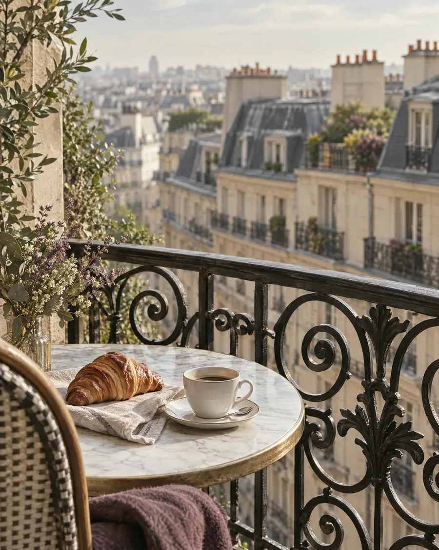 A balcony breakfast overlooking classic European rooftops