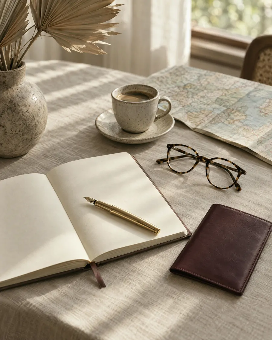 A travel planning table with an open notebook, a passport cover, glasses and coffee