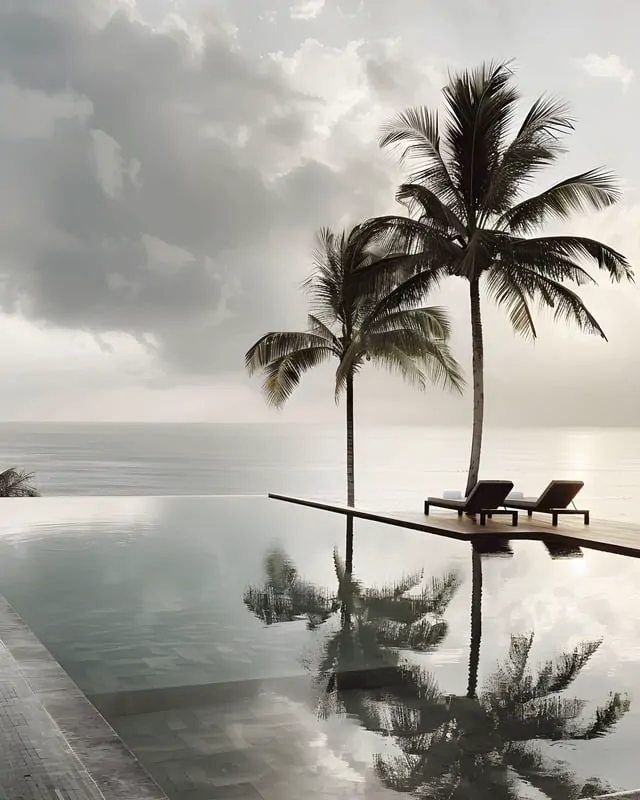 Two palm trees reflected in a still infinity pool by the sea