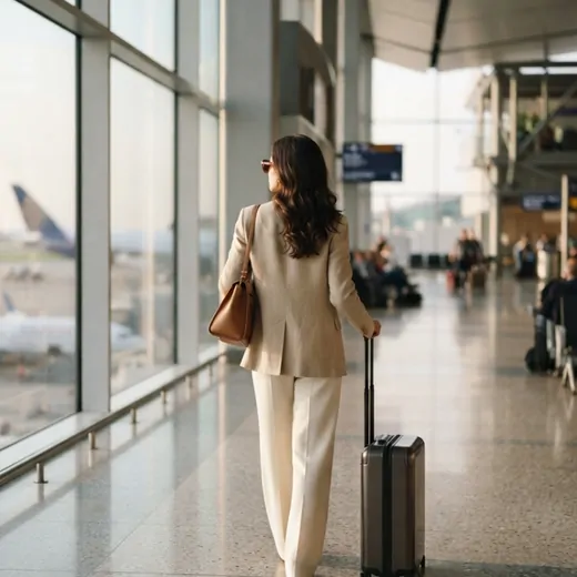 A traveller with a suitcase walking through a bright airport terminal