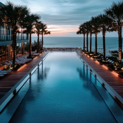 A palm-lined infinity pool at dusk